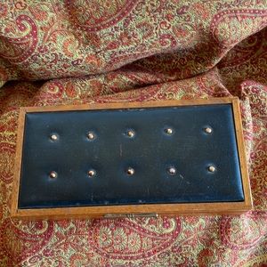 Vintage Apex Japan wood mens valet with brass studs on black leather look lid